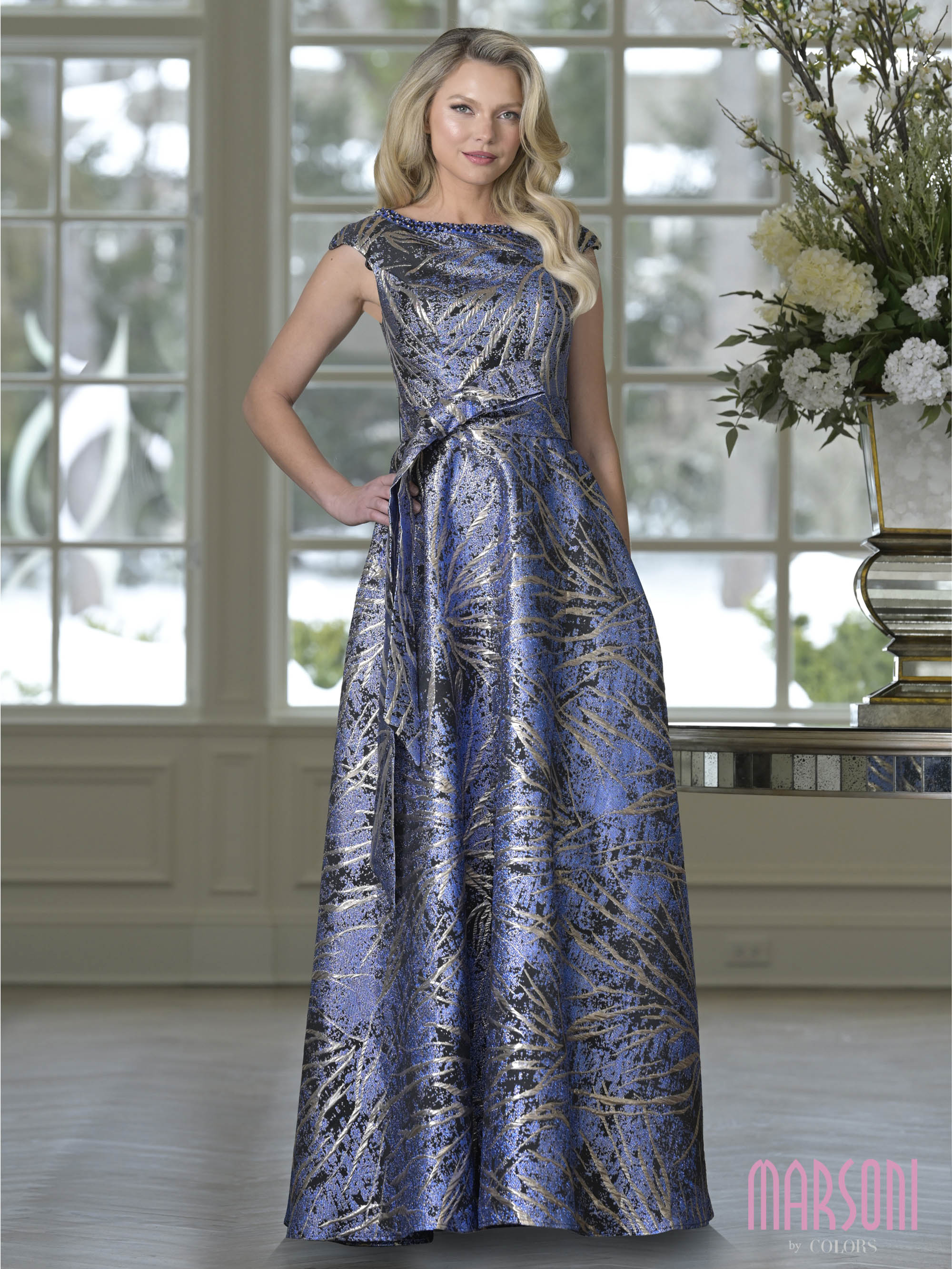 Slate Marble Bateau Floor-Length Brocade Formal A-Line Ball Gown Metallic Pattern Marsoni M354