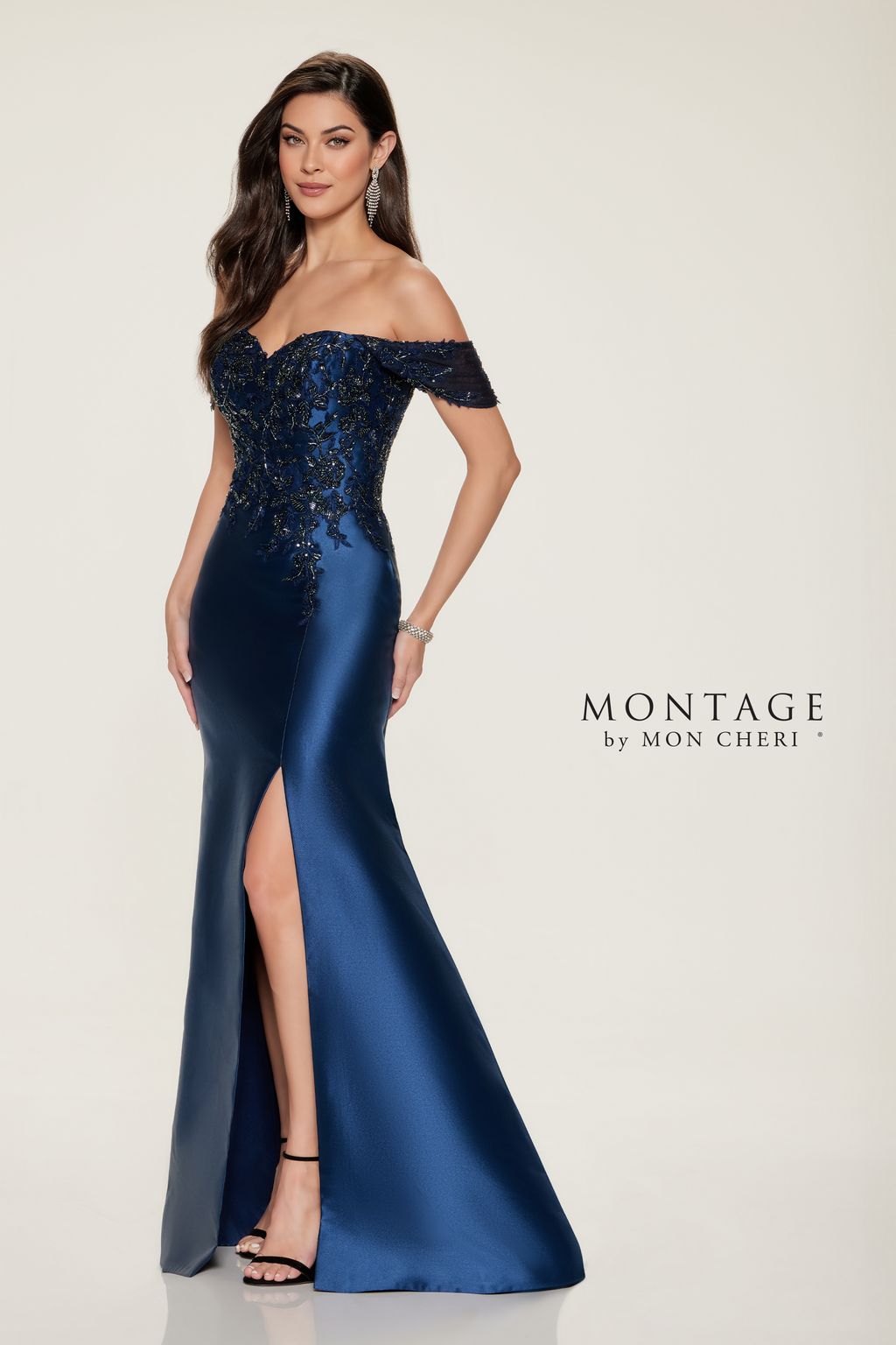 Navy Blue Montage M855 Long Sequin Lace Formal Dress