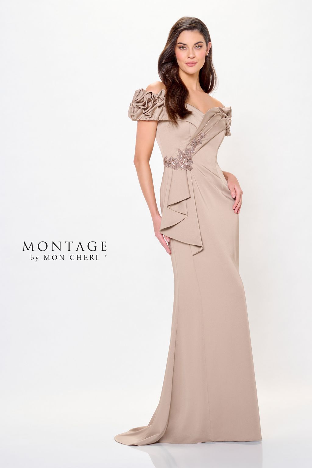 Formal Dresses Pleated Long Formal Beaded Evening Dress Latte
