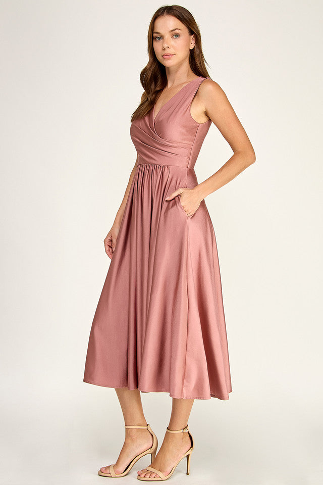 V-Neck Midi Satin Cocktail A-Line Lenovia 3131