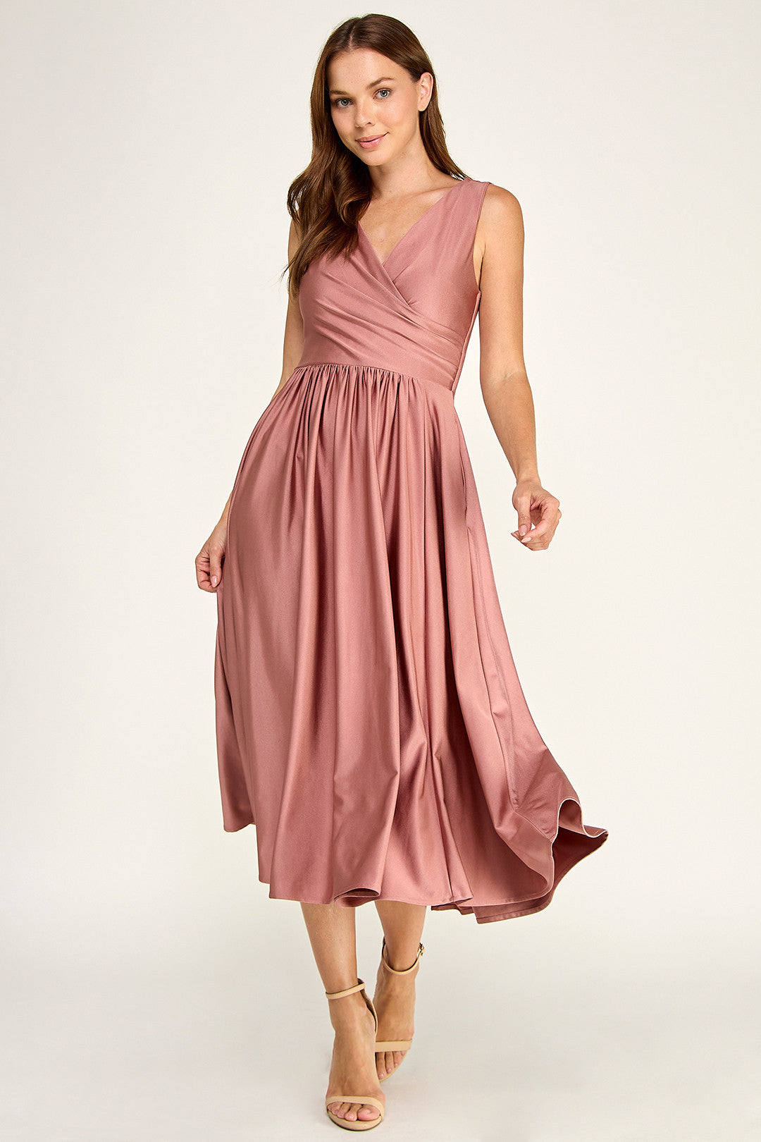 V-Neck Midi Satin Cocktail A-Line Lenovia 3131