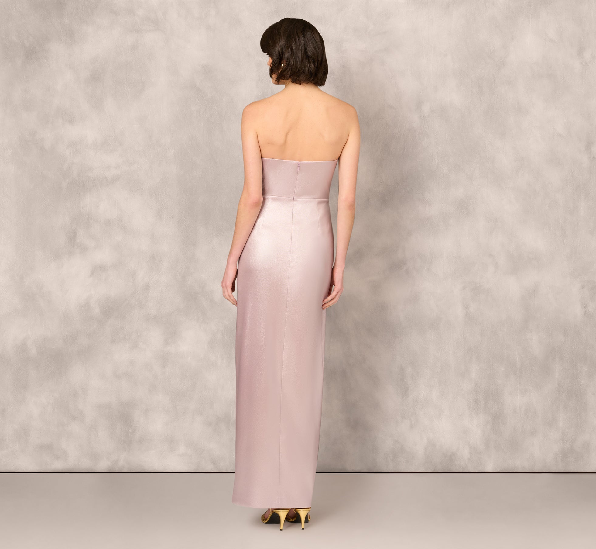 Mauve Silver Aidan Mattox MD1E209391 Strapless Long Mikado Prom Side Slit Gown