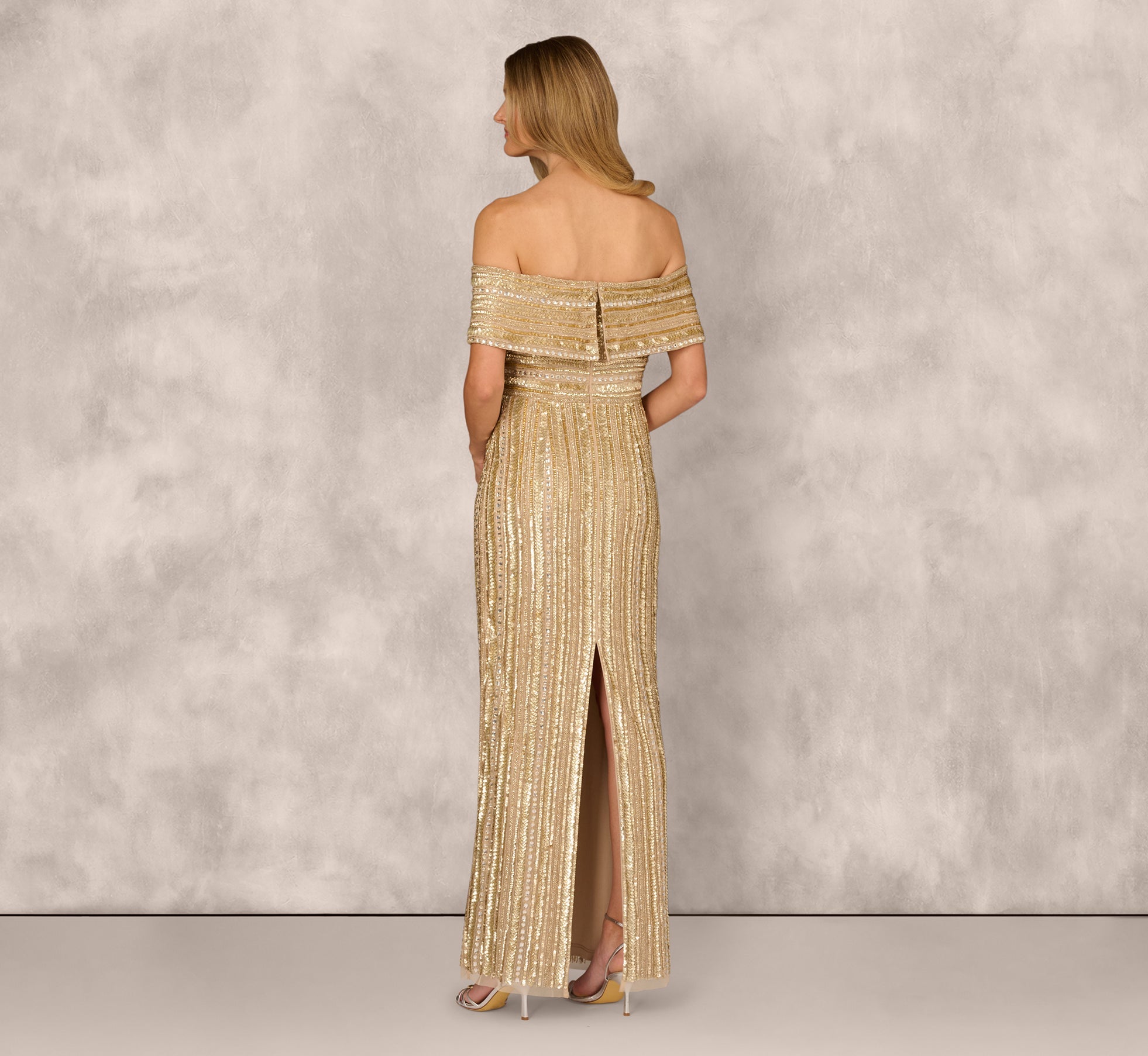 Gold Adrianna Papell MD1E209782 Off-the-Shoulder Floor-Length Sequin Prom Dress Beaded