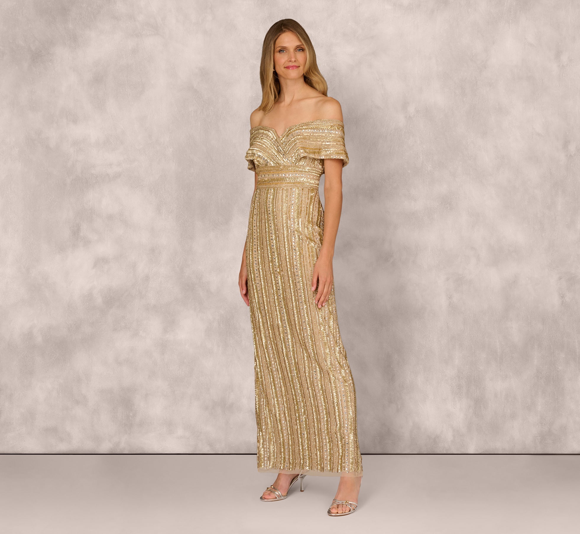 Gold Adrianna Papell MD1E209782 Off-the-Shoulder Floor-Length Sequin Prom Dress Beaded