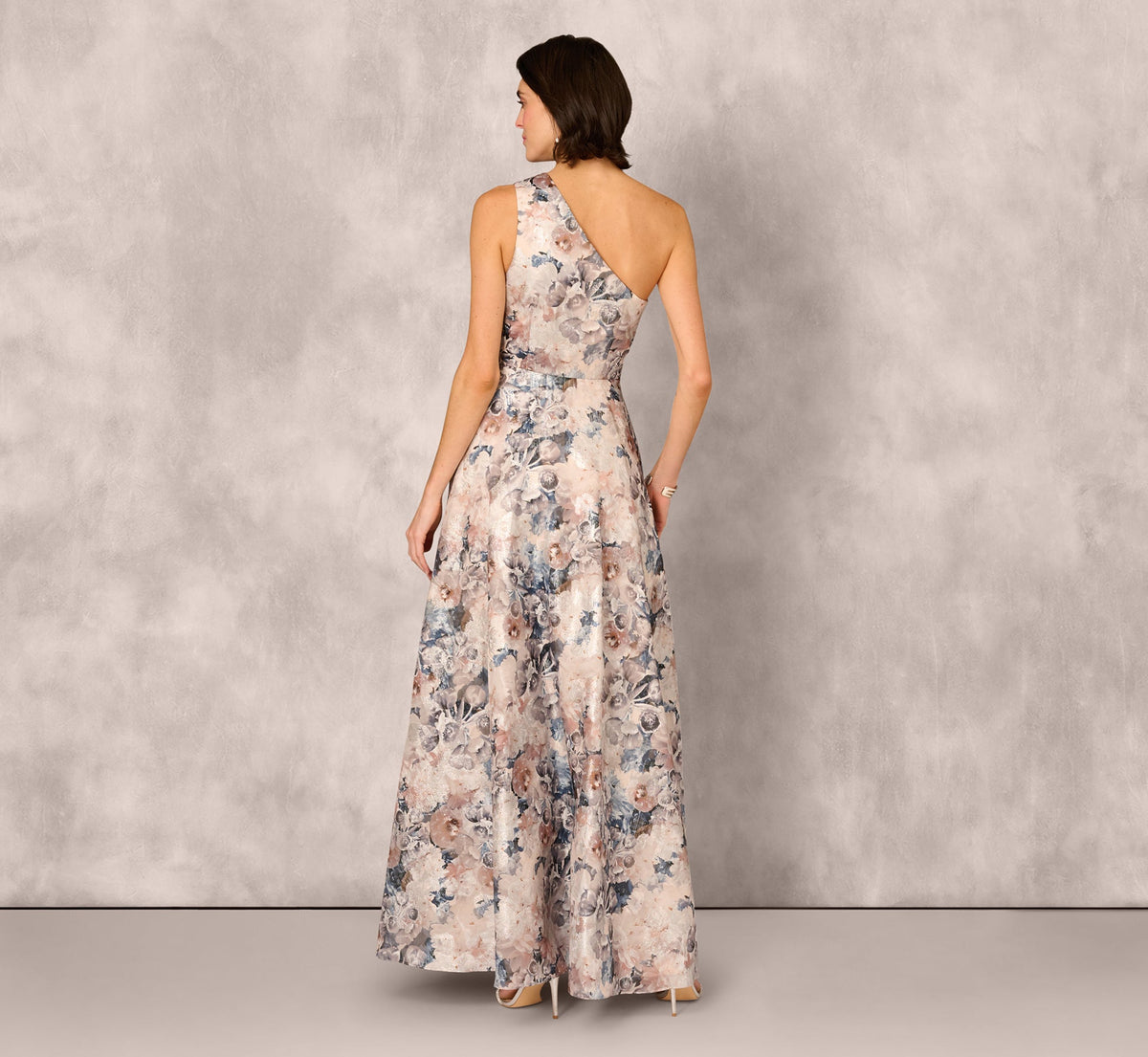 Blue Multi Adrianna Papell MD1E209791 One-Shoulder Long Metallic Formal Ruffle Gown