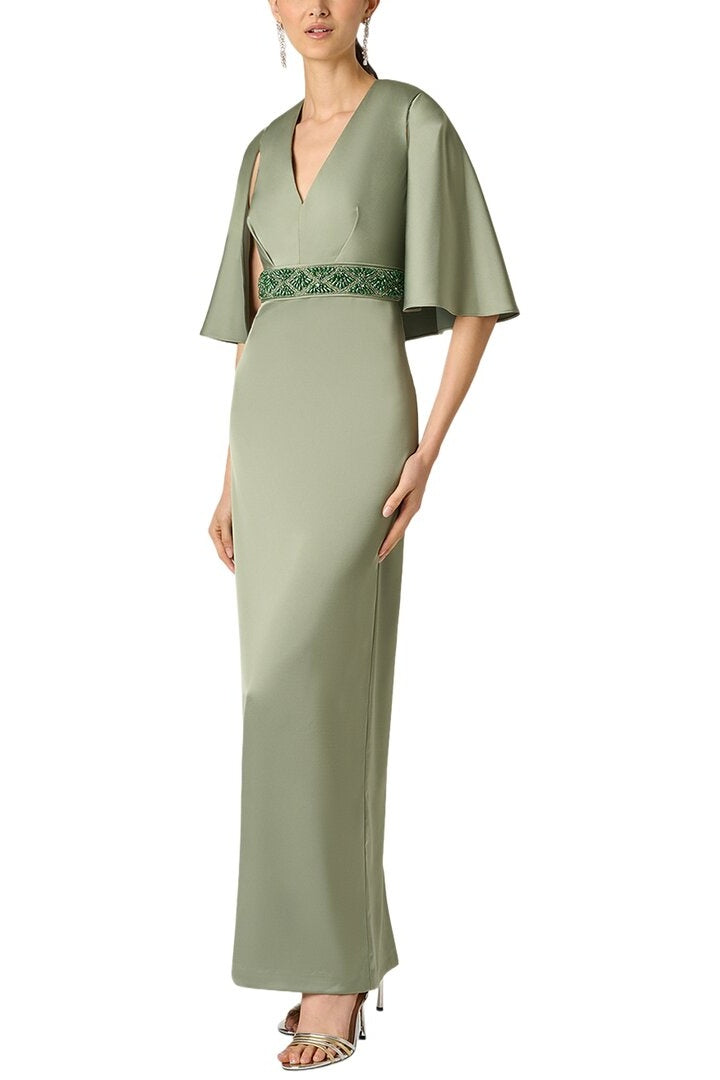 Aidan Mattox Beaded Waist Cape Sleeve Satin Gown MD1E209903