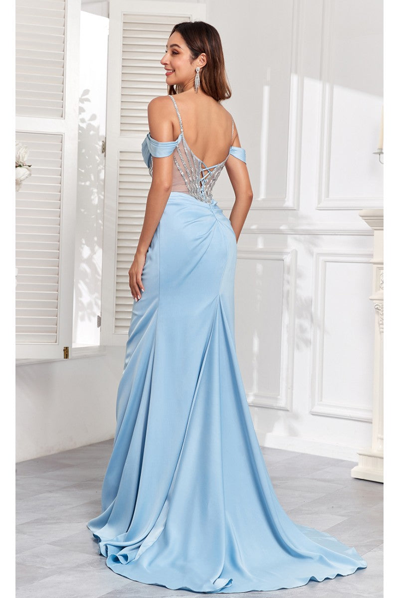 Prom Dresses Beaded Slit Long Formal Corset Prom Dress Light Blue