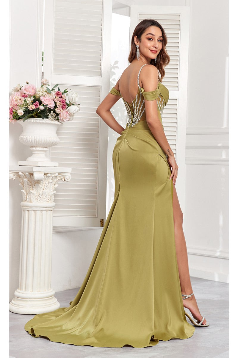 Prom Dresses Beaded Slit Long Formal Corset Prom Dress Olive