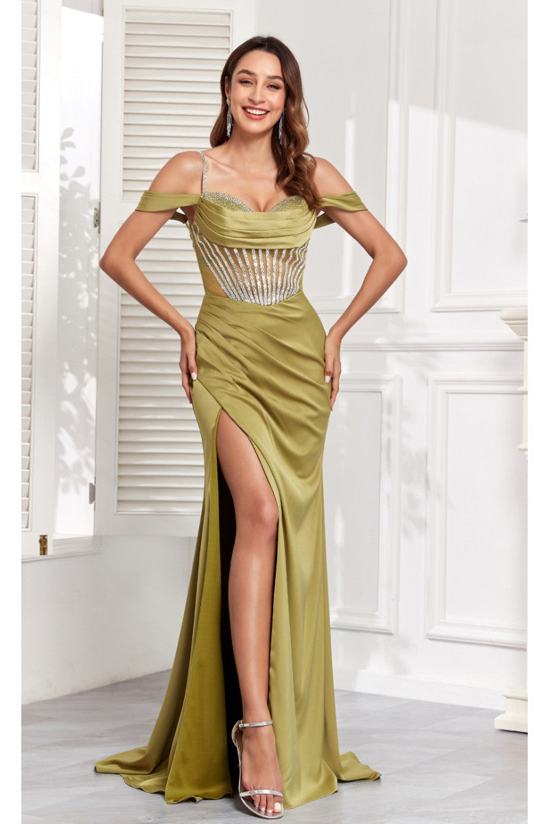 Prom Dresses Beaded Slit Long Formal Corset Prom Dress Olive