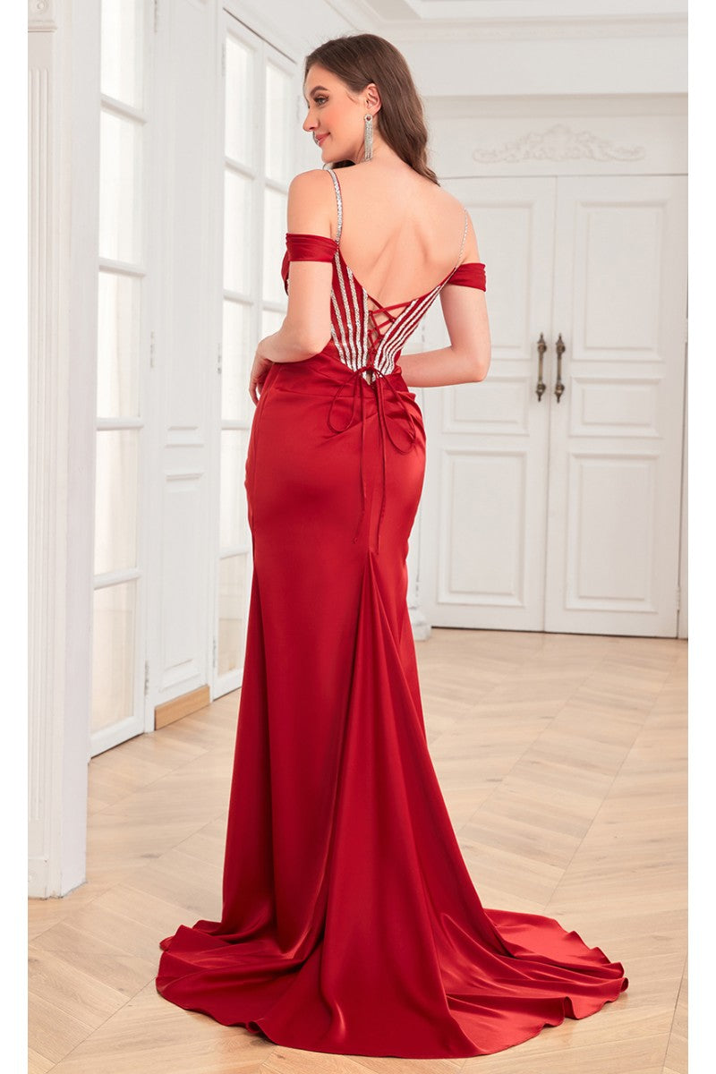 Prom Dresses Beaded Slit Long Formal Corset Prom Dress Wine