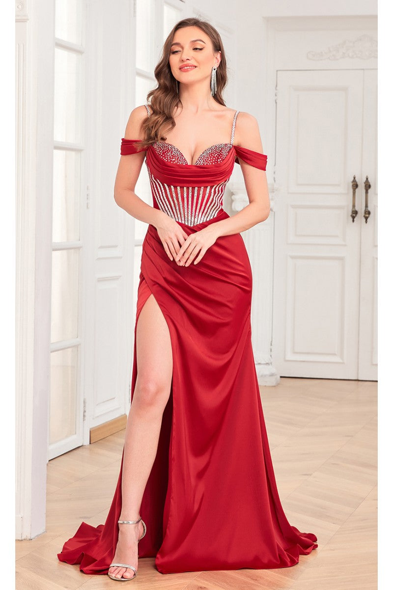 Prom Dresses Beaded Slit Long Formal Corset Prom Dress Wine