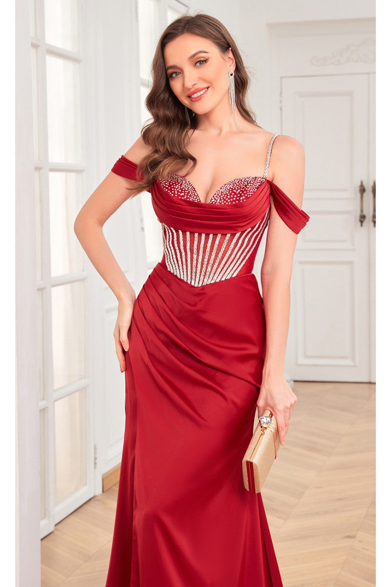Prom Dresses Beaded Slit Long Formal Corset Prom Dress Wine