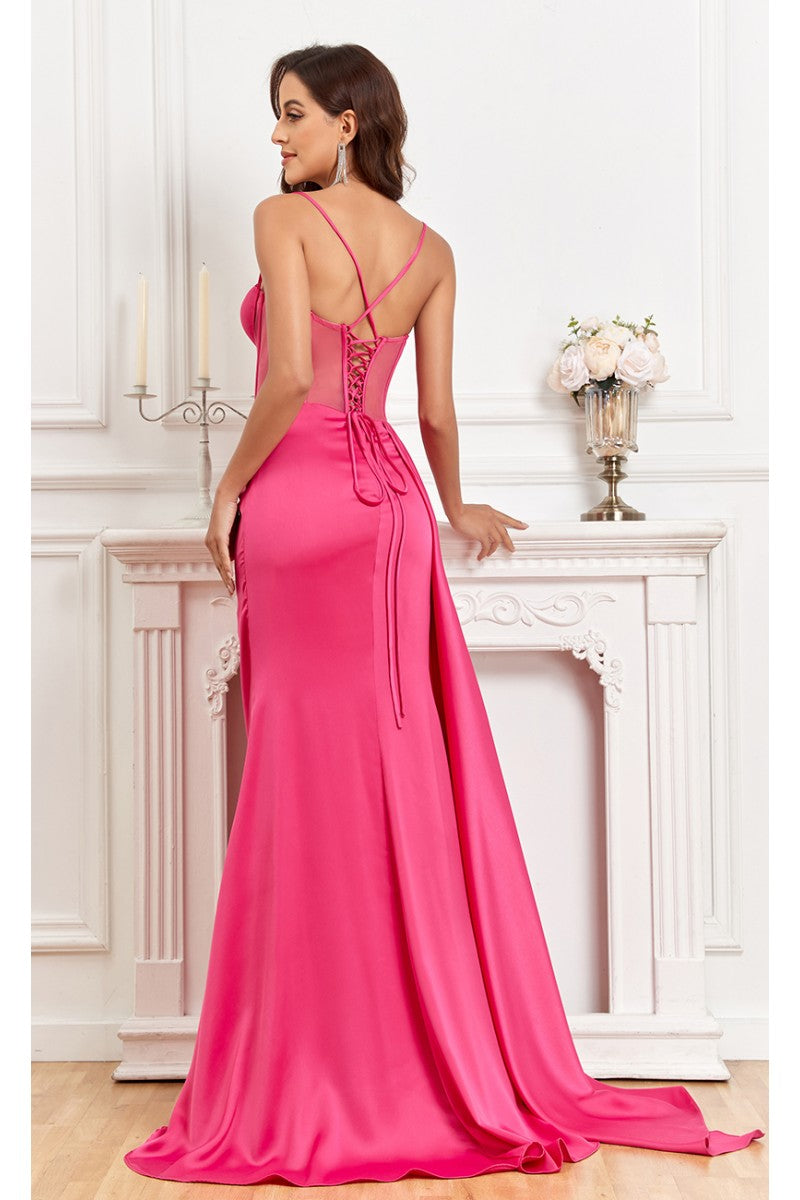 Prom Dresses Fitted Corset Long Formal Slit Prom Dress Fuchsia