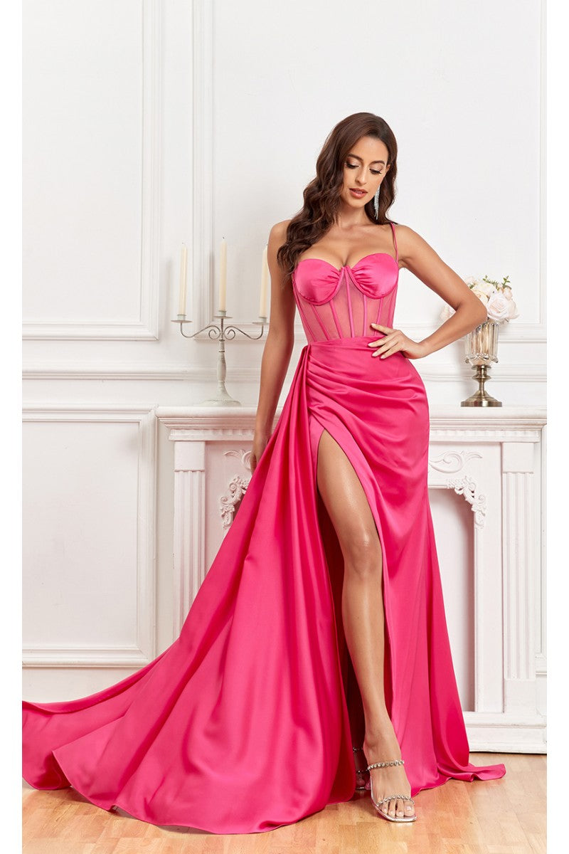 Prom Dresses Fitted Corset Long Formal Slit Prom Dress Fuchsia