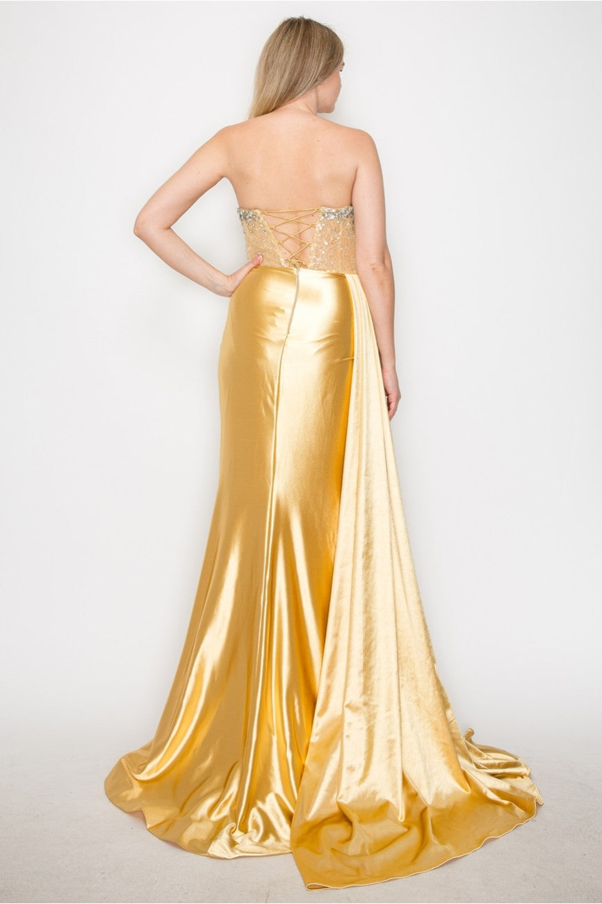 Prom Dresses Long Formal Beaded Corset Prom Gown Gold