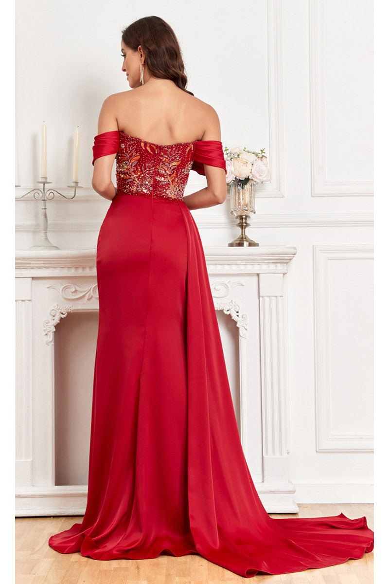 Prom Dresses Fitted Prom Long Formal Beaded Slit Evening Gown Maroon