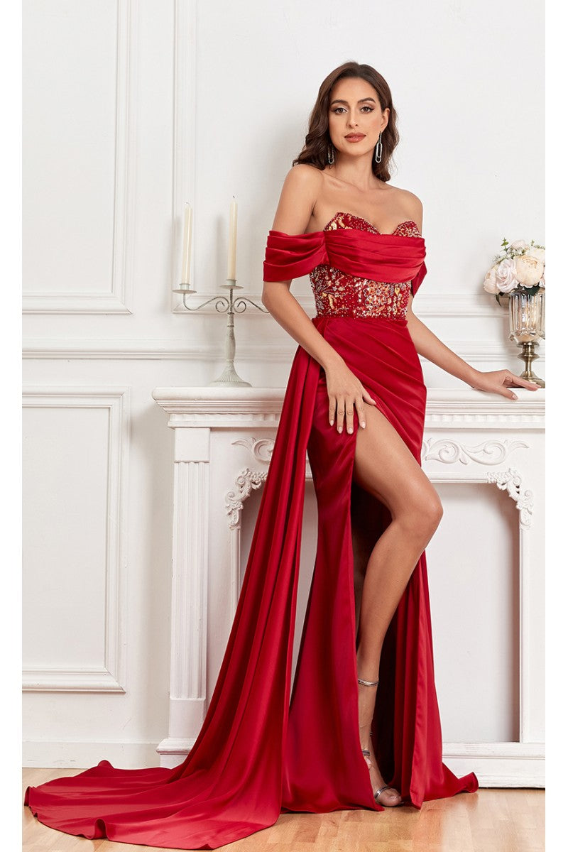 Prom Dresses Fitted Prom Long Formal Beaded Slit Evening Gown Maroon