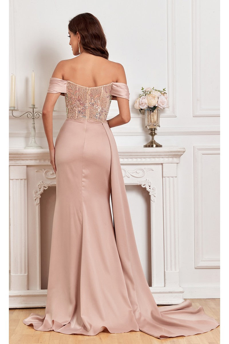 Prom Dresses Fitted Prom Long Formal Beaded Slit Evening Gown Champagne