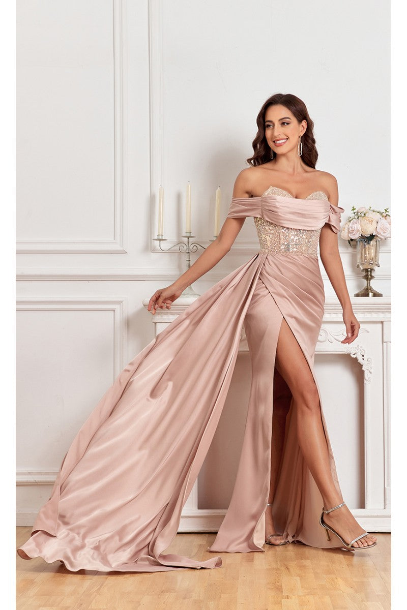 Prom Dresses Fitted Prom Long Formal Beaded Slit Evening Gown Champagne
