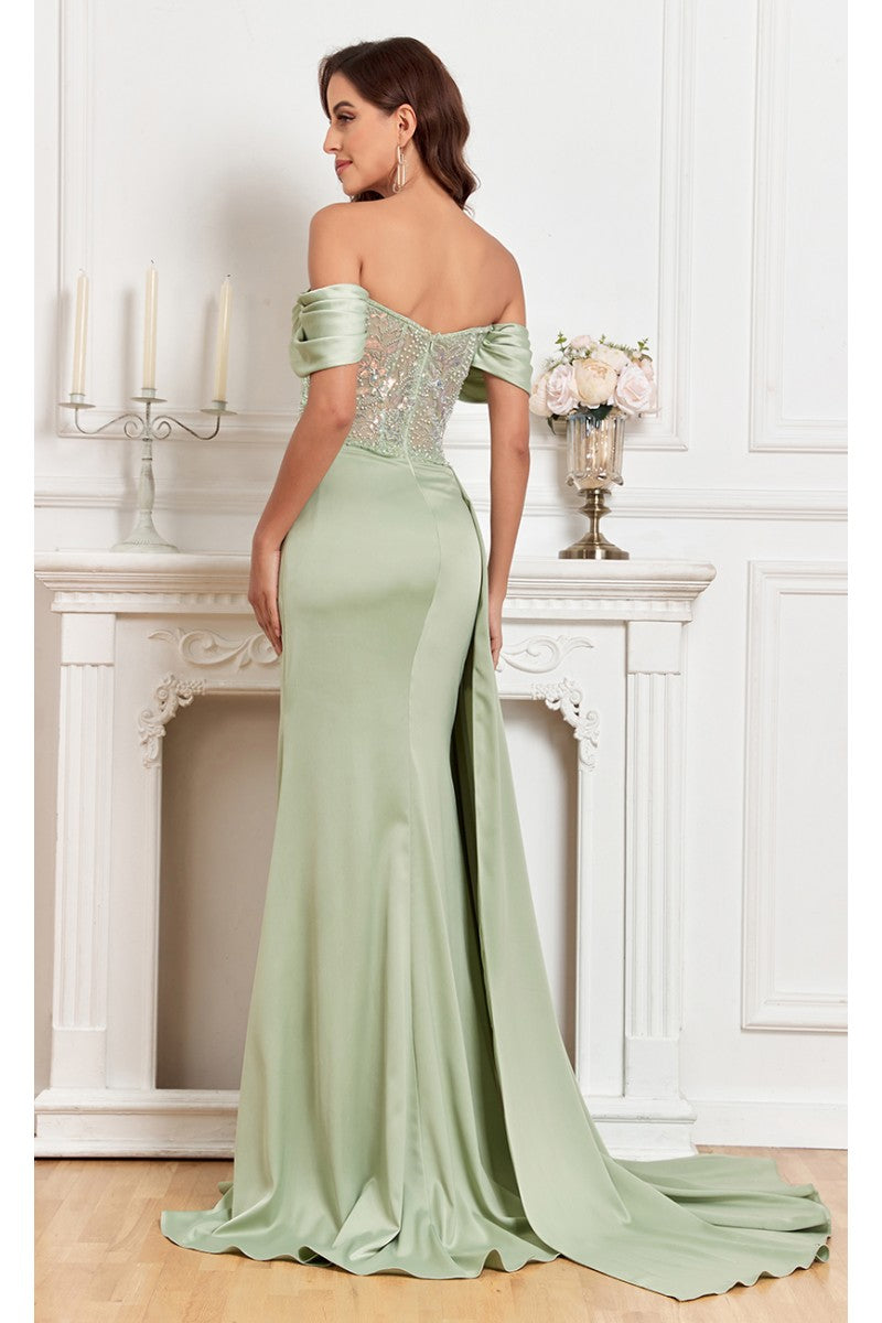 Prom Dresses Fitted Prom Long Formal Beaded Slit Evening Gown Mint