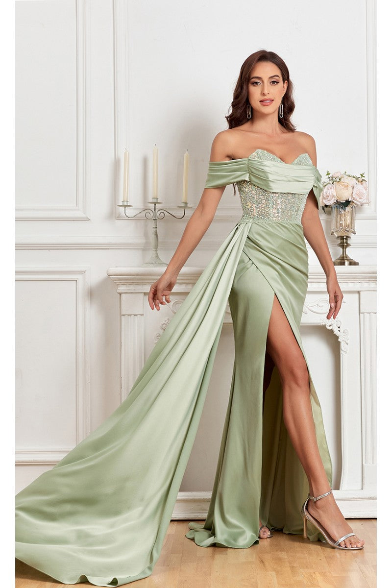 Prom Dresses Fitted Prom Long Formal Beaded Slit Evening Gown Mint