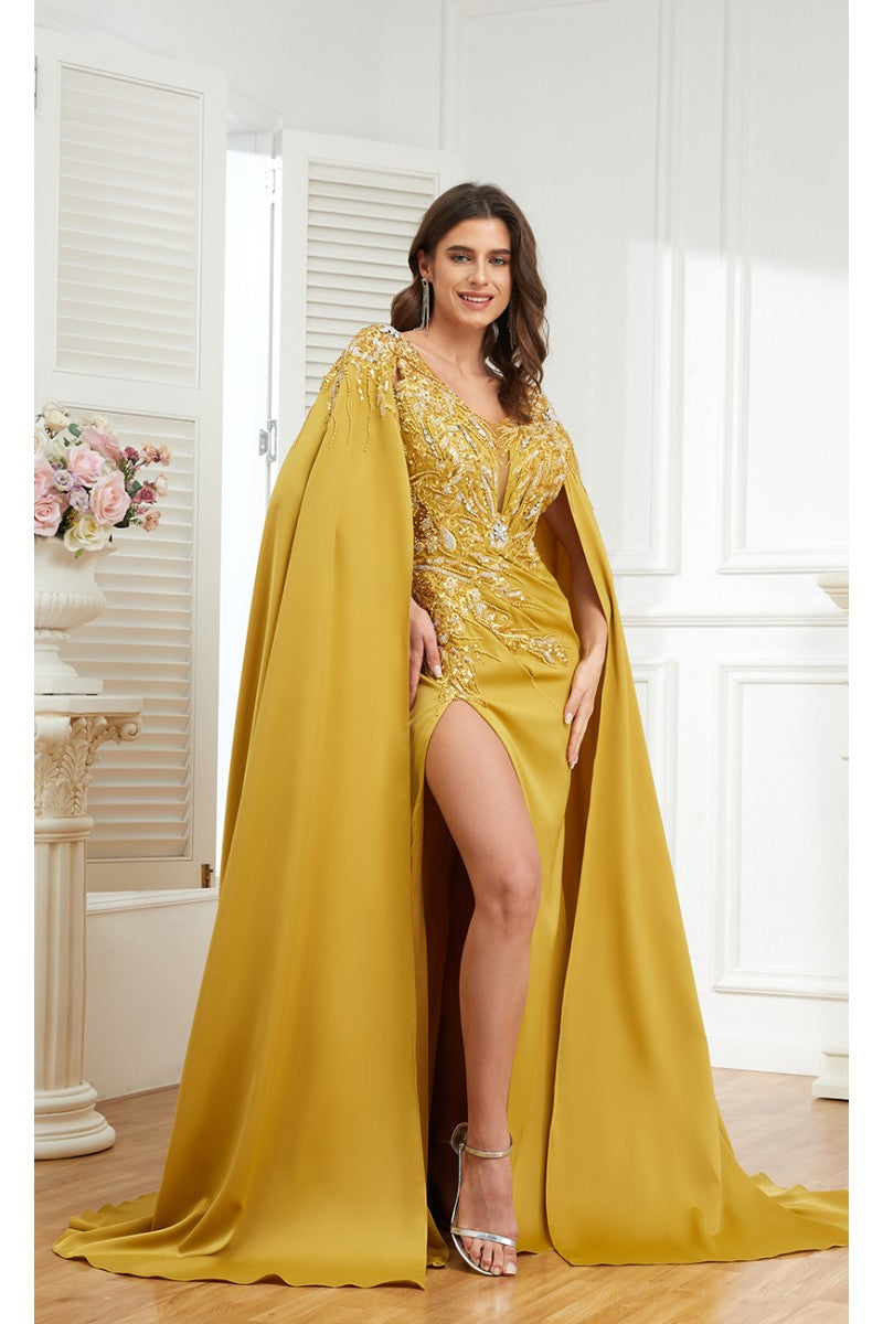 Formal Dresses Long Formal Beaded Slit Evening Dress Mustard