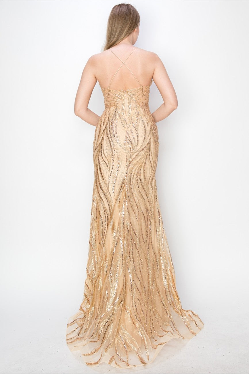 Prom Dresses Long Formal Fitted Slit Sequin Evening Dress Gold