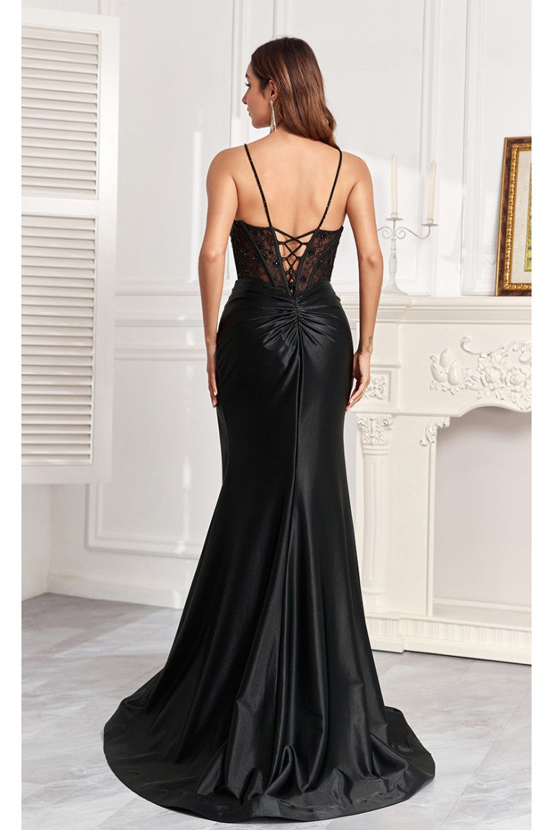 Prom Dresses Pleated Long Formal Slit Corset Prom Gown Black