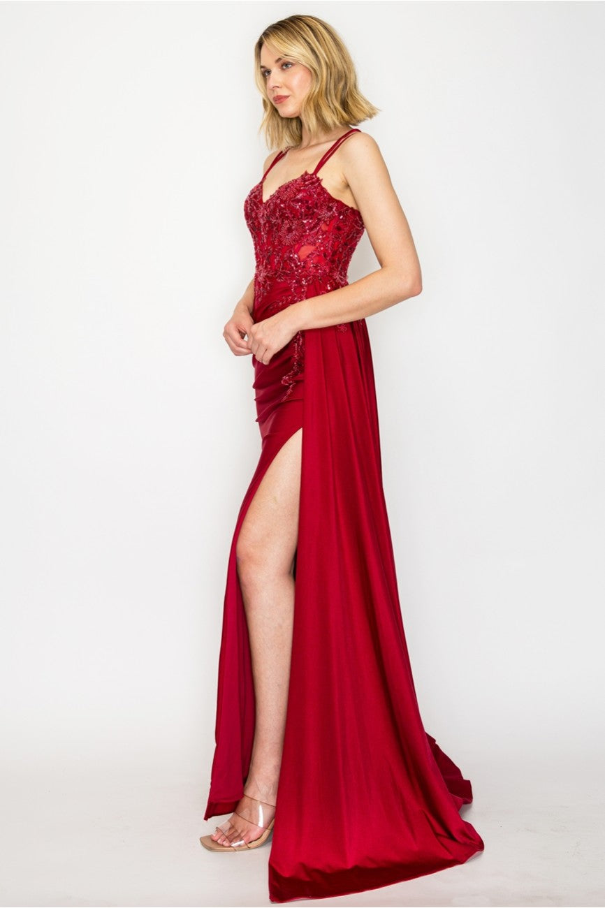 Prom Dresses Prom Long Corset Slit Fitted Formal Dress Burgundy