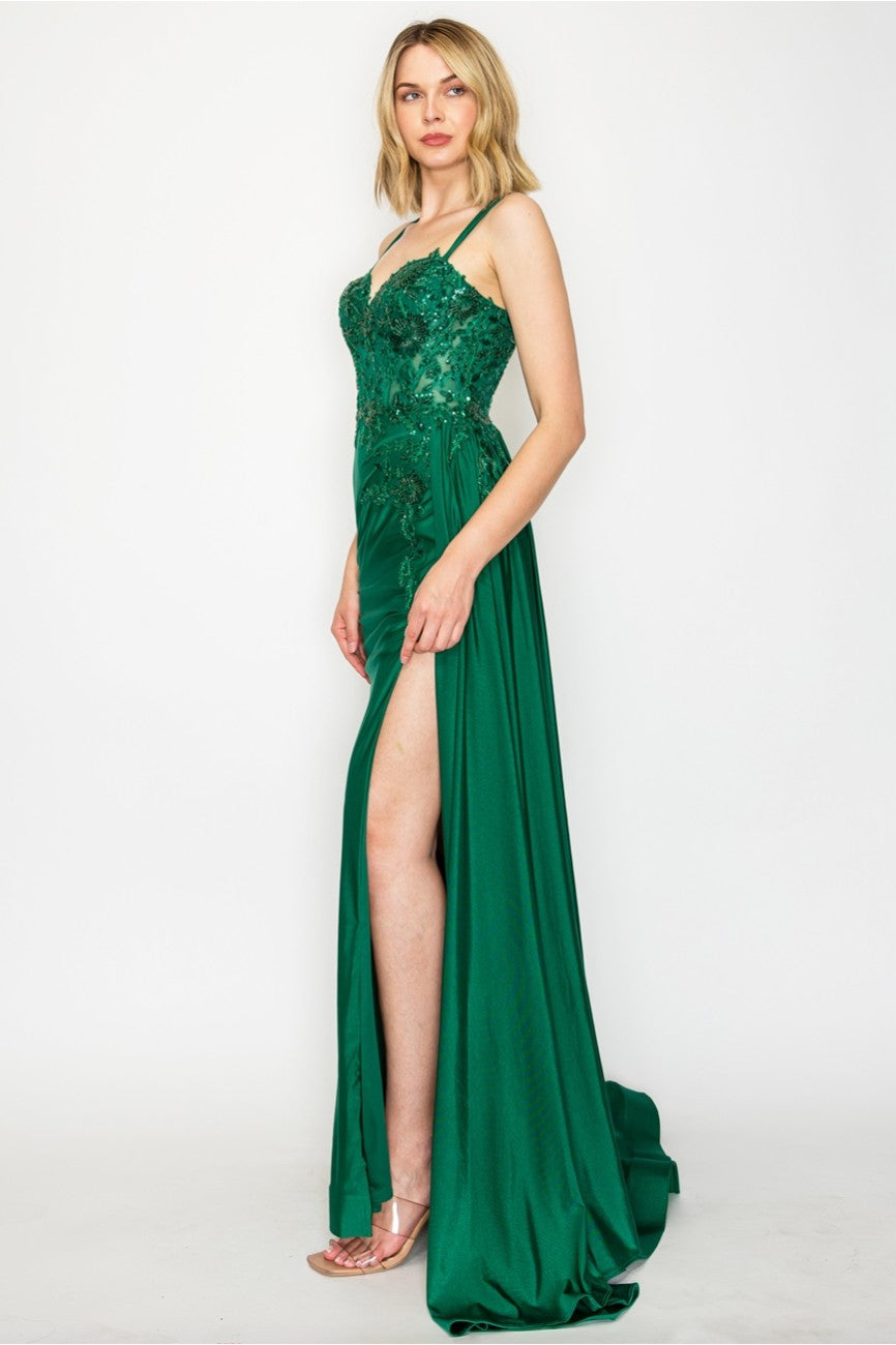 Prom Dresses Prom Long Corset Slit Fitted Formal Dress Emerald