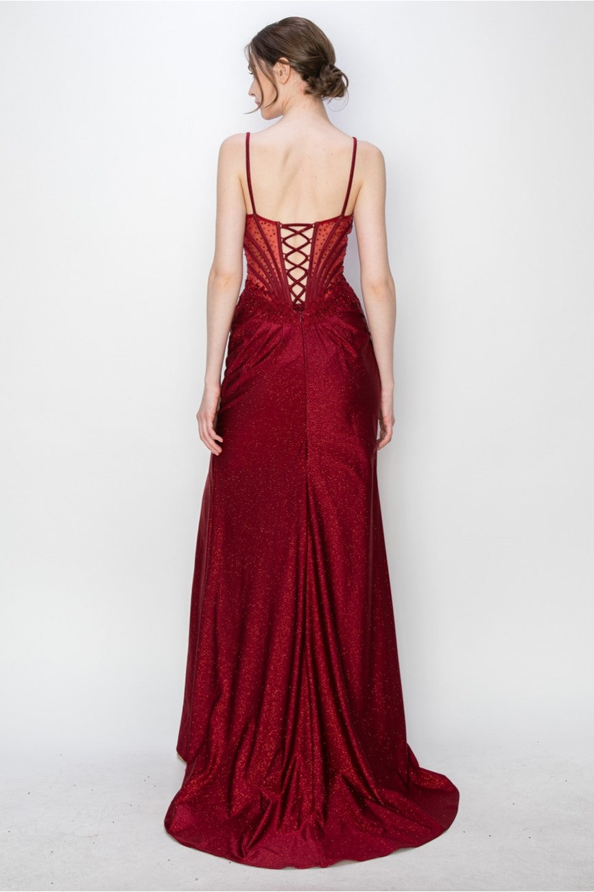 Prom Dresses Long Formal Fitted Corset Slit Evening Prom Gown Maroon