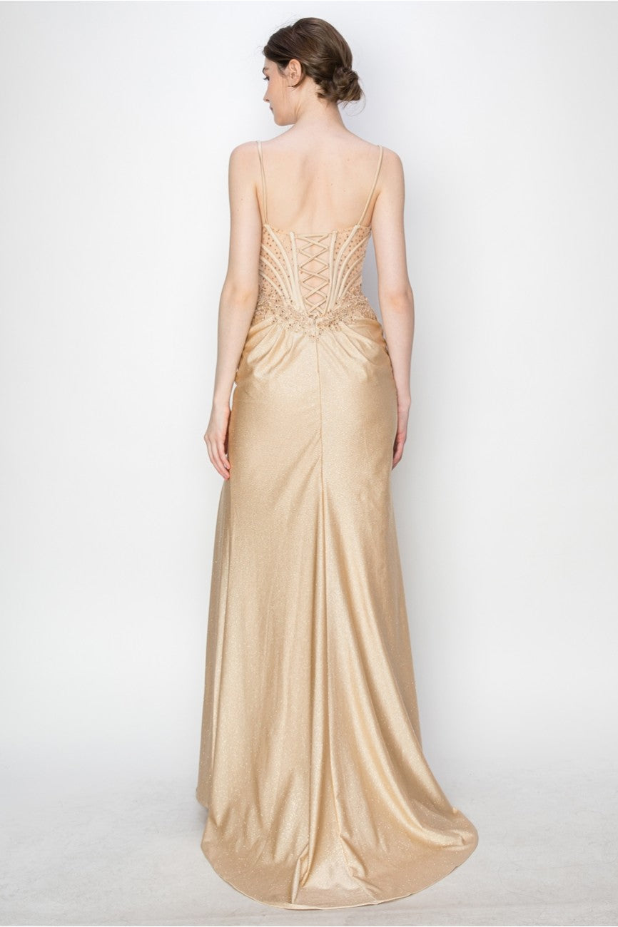 Prom Dresses Long Formal Fitted Corset Slit Evening Prom Gown Champagne