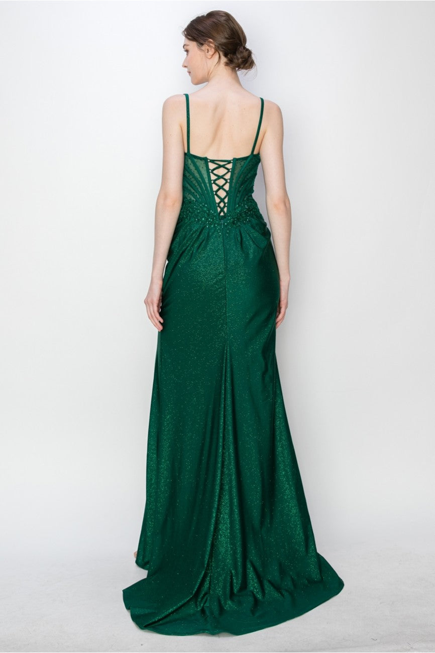 Prom Dresses Long Formal Fitted Corset Slit Evening Prom Gown Emerald