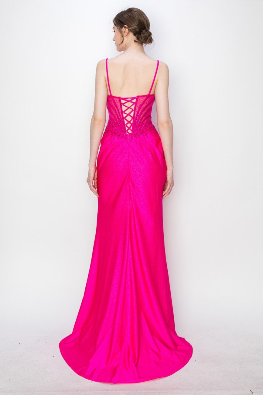 Prom Dresses Long Formal Fitted Corset Slit Evening Prom Gown Magenta