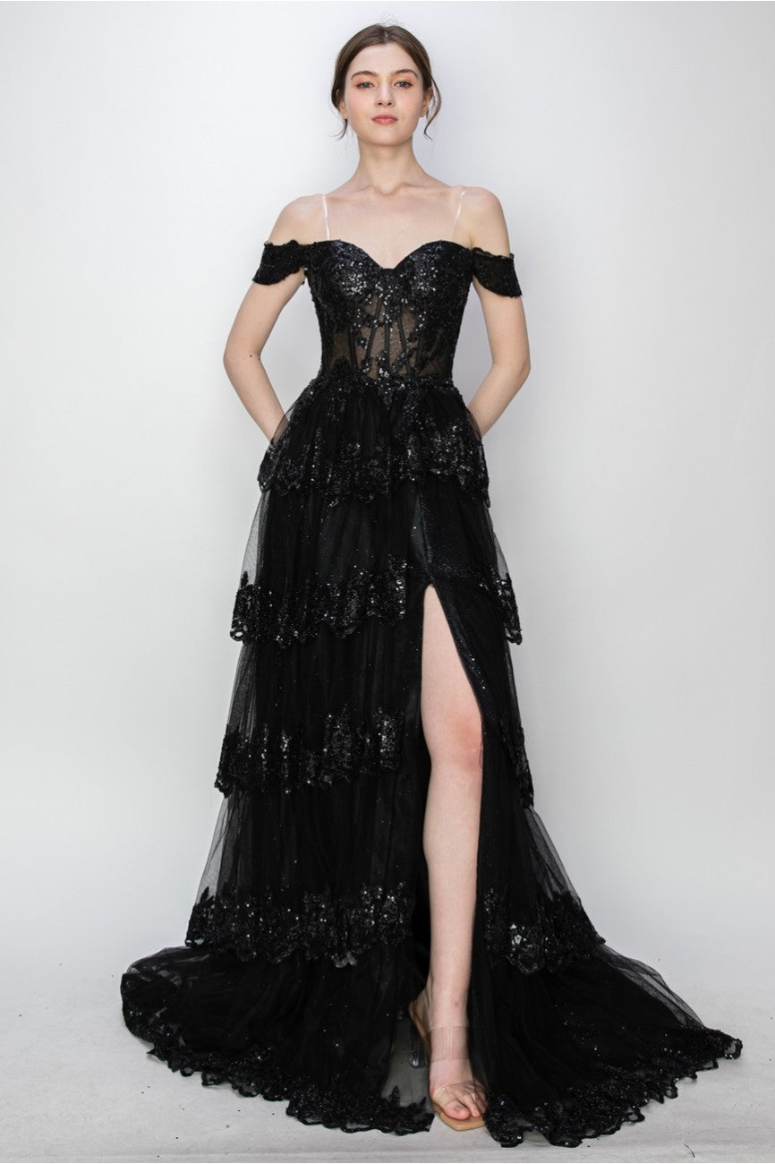 Prom Dresses Long Ball Gown Formal Tiered Prom Dress Black