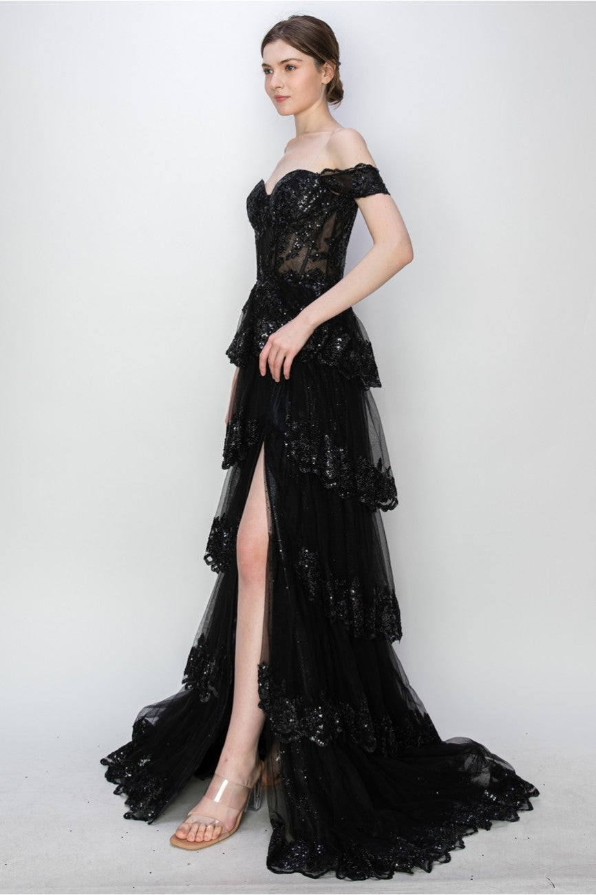 Prom Dresses Long Ball Gown Formal Tiered Prom Dress Black