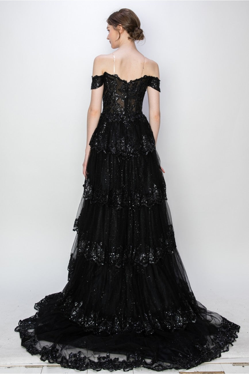 Prom Dresses Long Ball Gown Formal Tiered Prom Dress Black