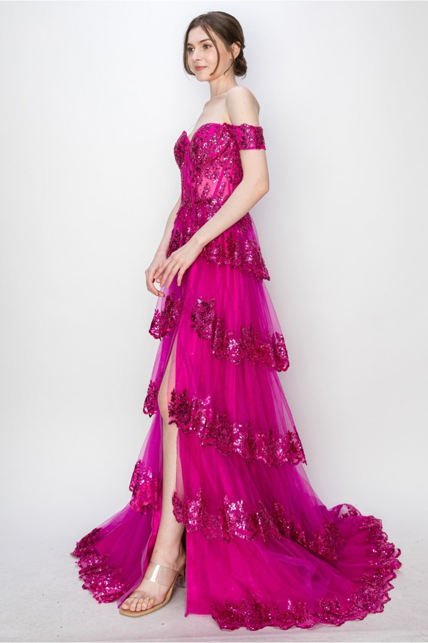 Prom Dresses Long Ball Gown Formal Tiered Prom Dress Hot Pink