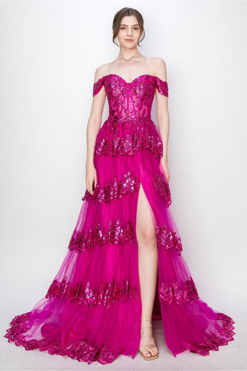 Prom Dresses Long Ball Gown Formal Tiered Prom Dress Hot Pink