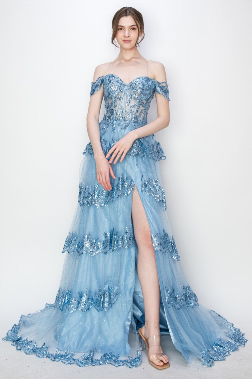 Prom Dresses Long Ball Gown Formal Tiered Prom Dress Light Blue