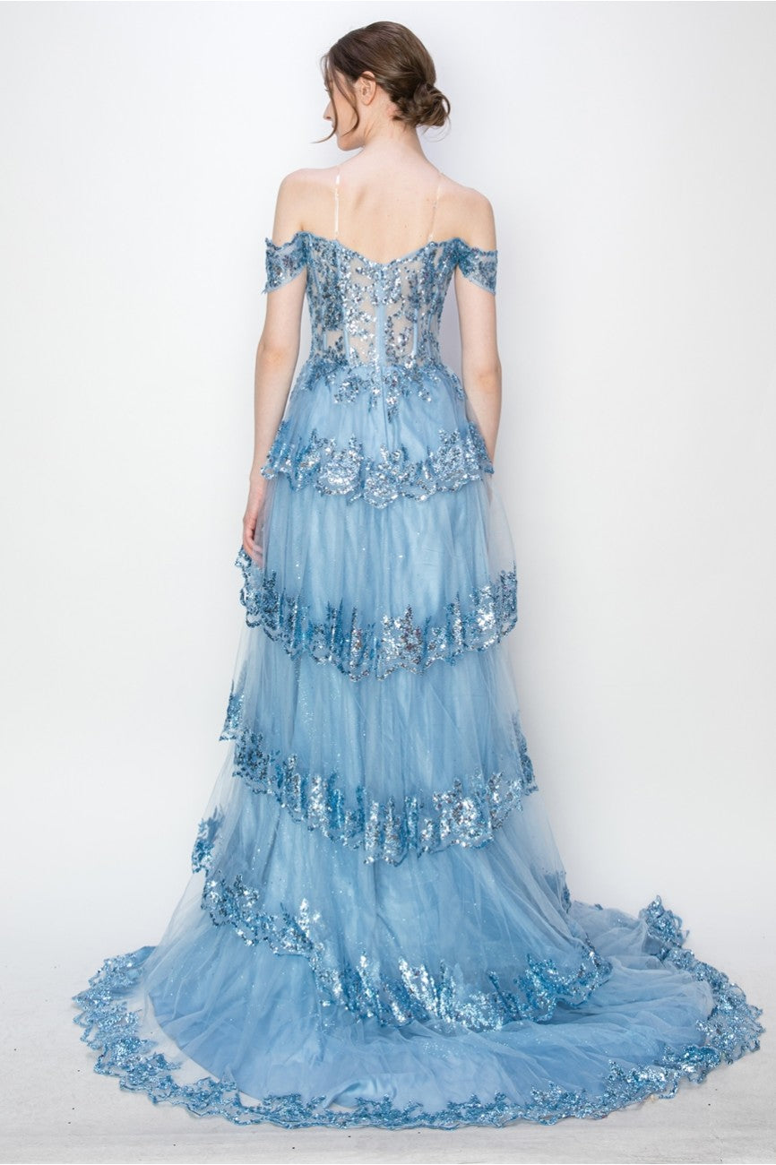 Prom Dresses Long Ball Gown Formal Tiered Prom Dress Light Blue