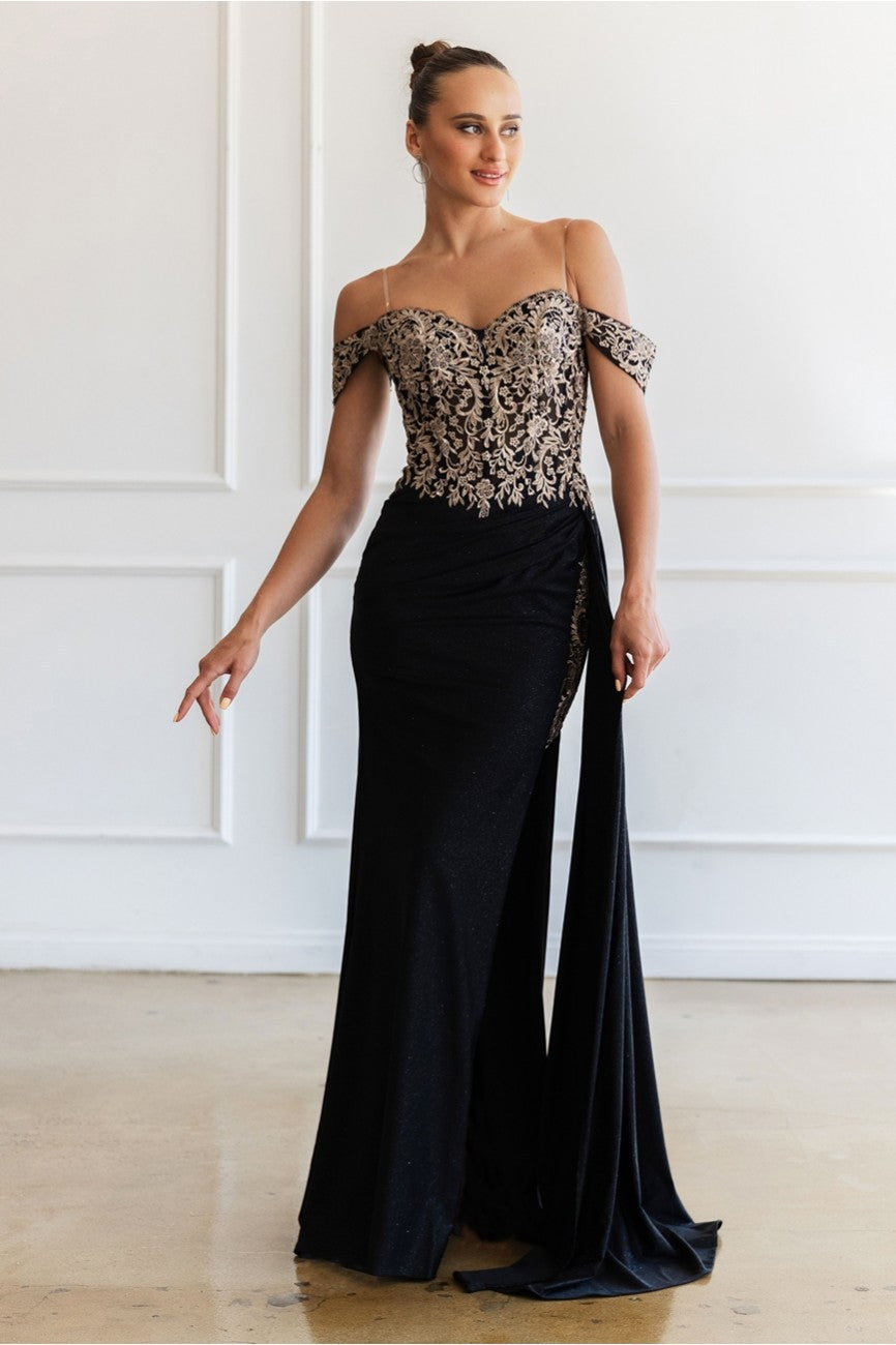 Prom Dresses Glitter Long Formal Lace Applique Prom Dress Black