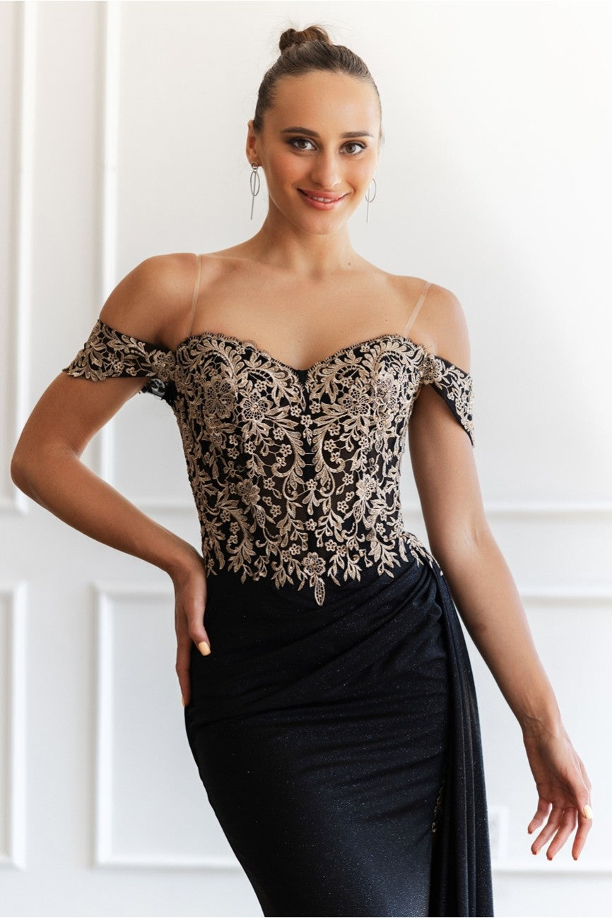 Prom Dresses Glitter Long Formal Lace Applique Prom Dress Black