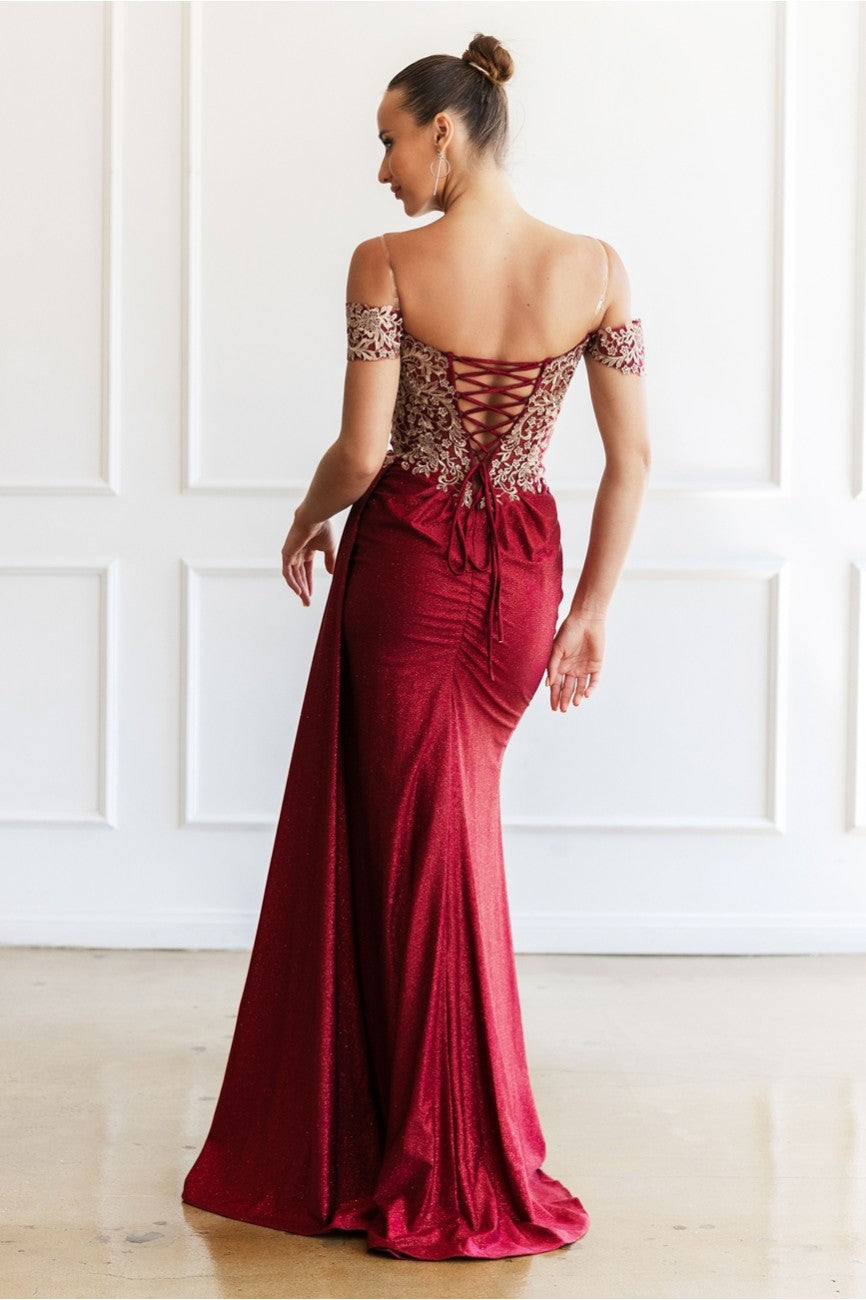Prom Dresses Glitter Long Formal Lace Applique Prom Dress Burgundy