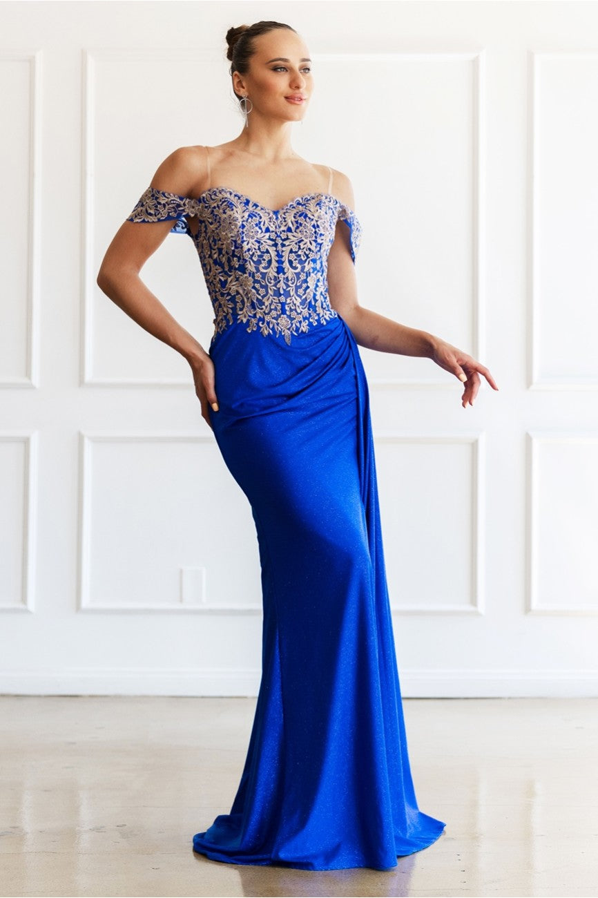 Prom Dresses Glitter Long Formal Lace Applique Prom Dress Royal
