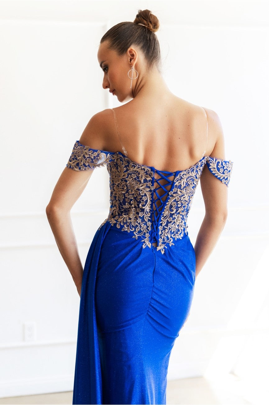 Prom Dresses Glitter Long Formal Lace Applique Prom Dress Royal