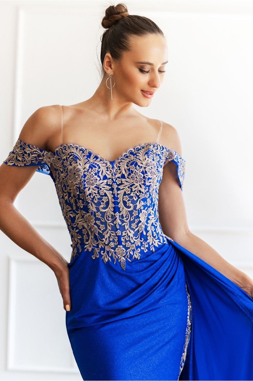 Prom Dresses Glitter Long Formal Lace Applique Prom Dress Royal