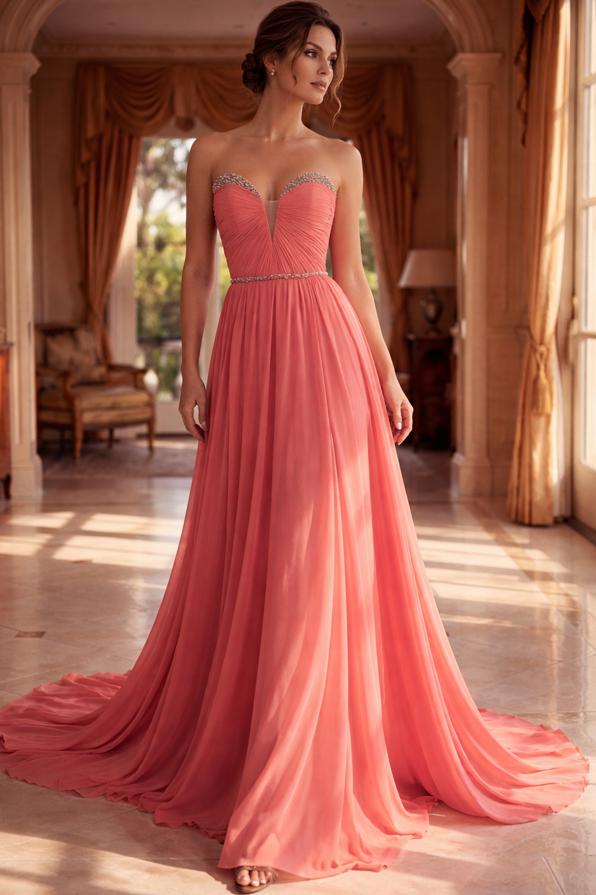 Strapless Curved Neck Floor-Length Chiffon Prom A-Line Jovani 49536