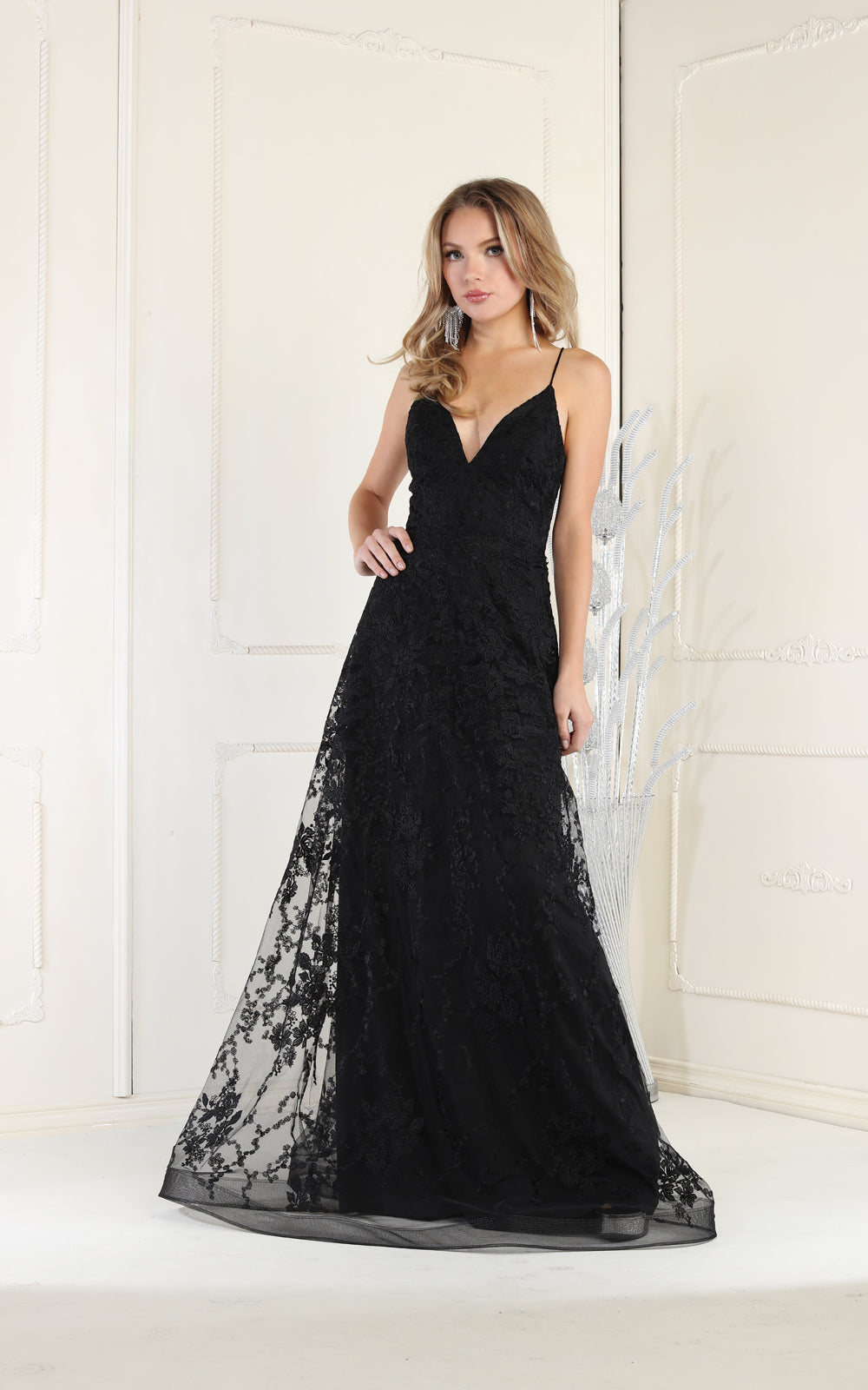 V-Neck Floor-Length Lace Prom A-Line May Queen 1885