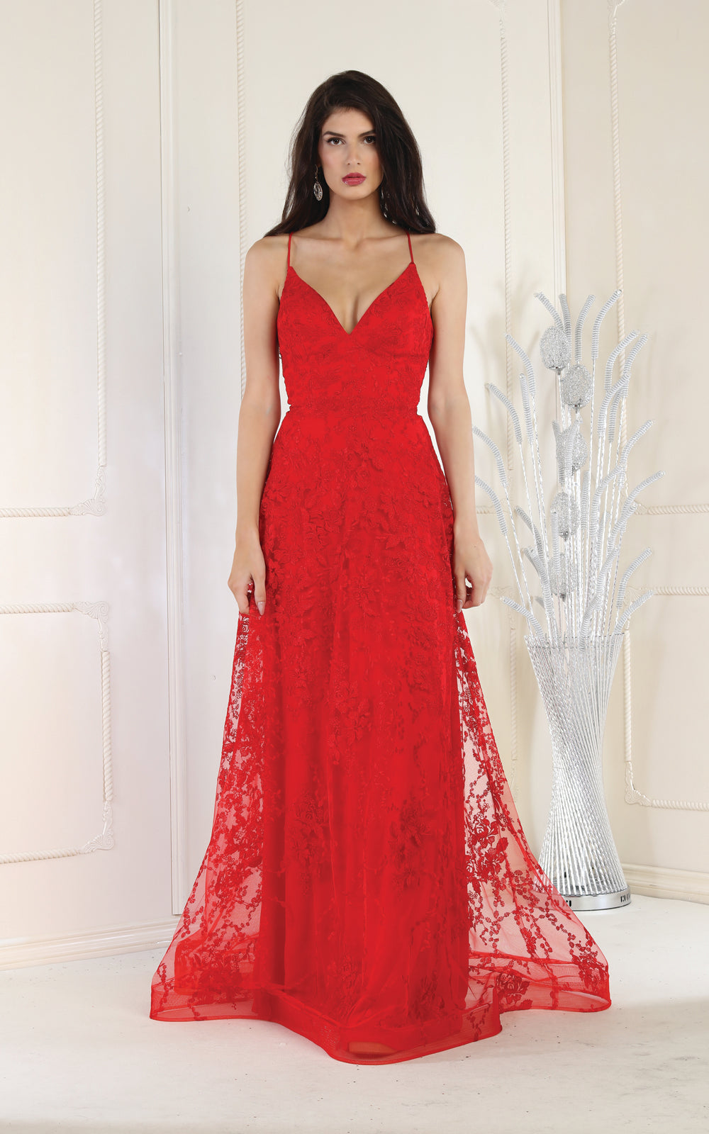 V-Neck Floor-Length Lace Prom A-Line May Queen 1885